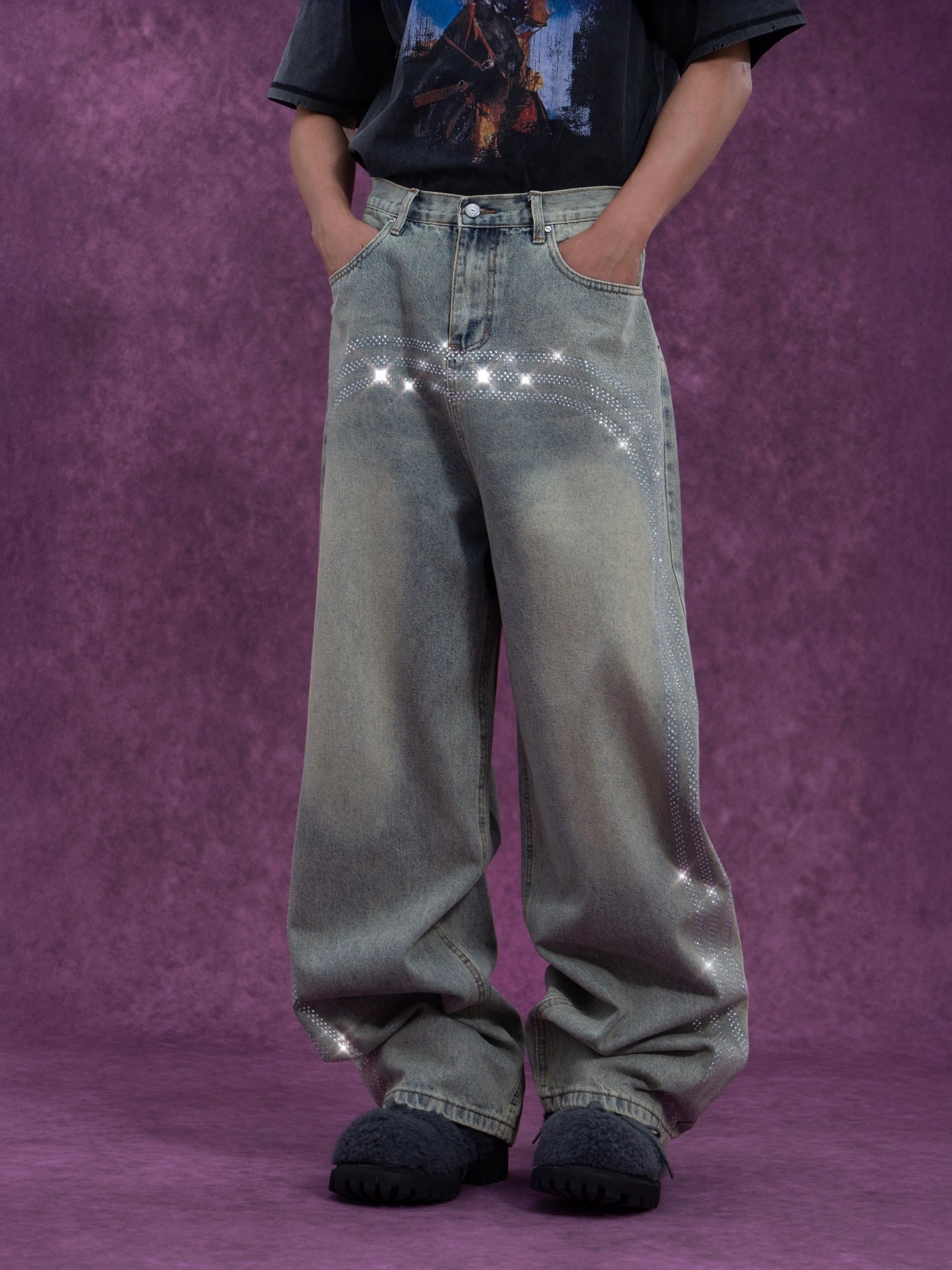 CLP Men's Retro Light Blue Curved Hem Jeans-Light Blue-S-Free Shipping Leatheretro