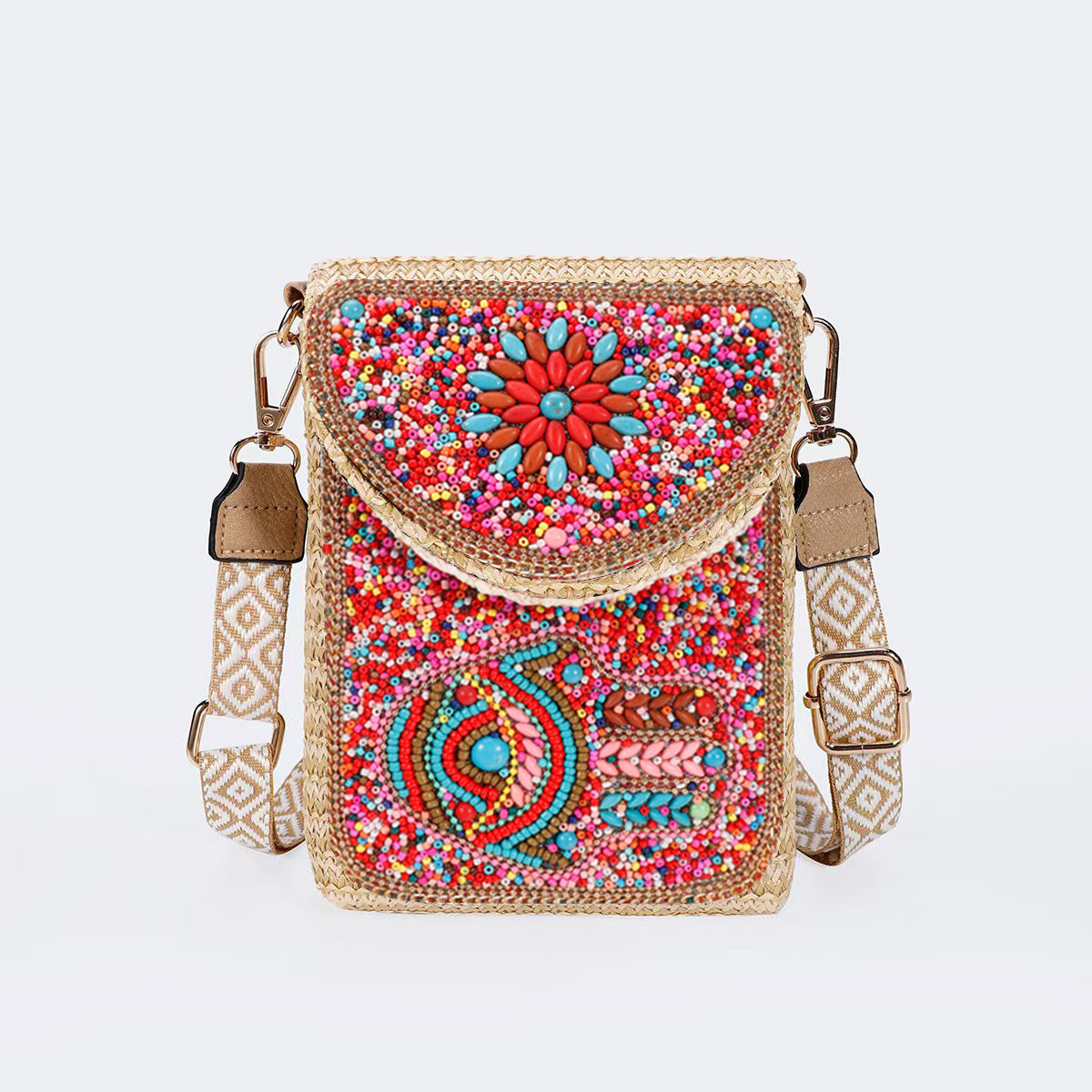 Woven Straw Crossbody Bag with Beaded Detail-16#-13*3.5*19-Free Shipping Leatheretro