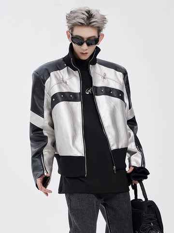 STARTEXCEEDEND Men's Short Biker Leather Jacke-Black White-M 45-60kg-Free Shipping Leatheretro