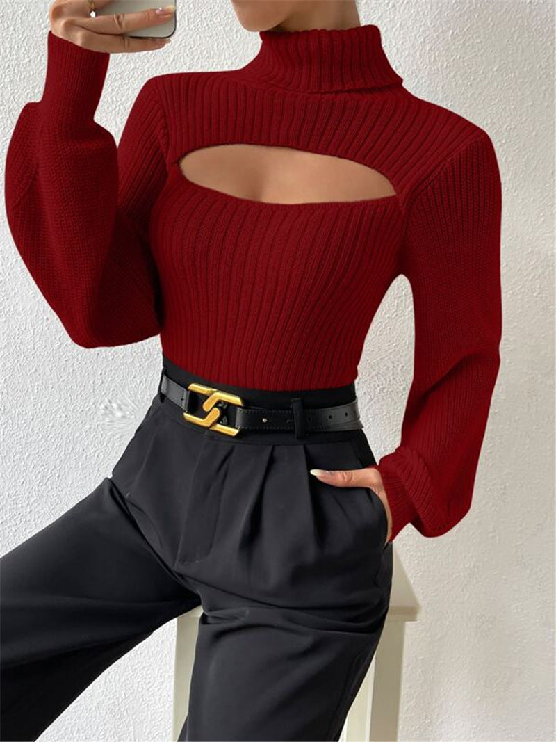 Sexy High Neck Short Knitted Sweaters-Sweater&Hoodies-Black-S-Free Shipping Leatheretro