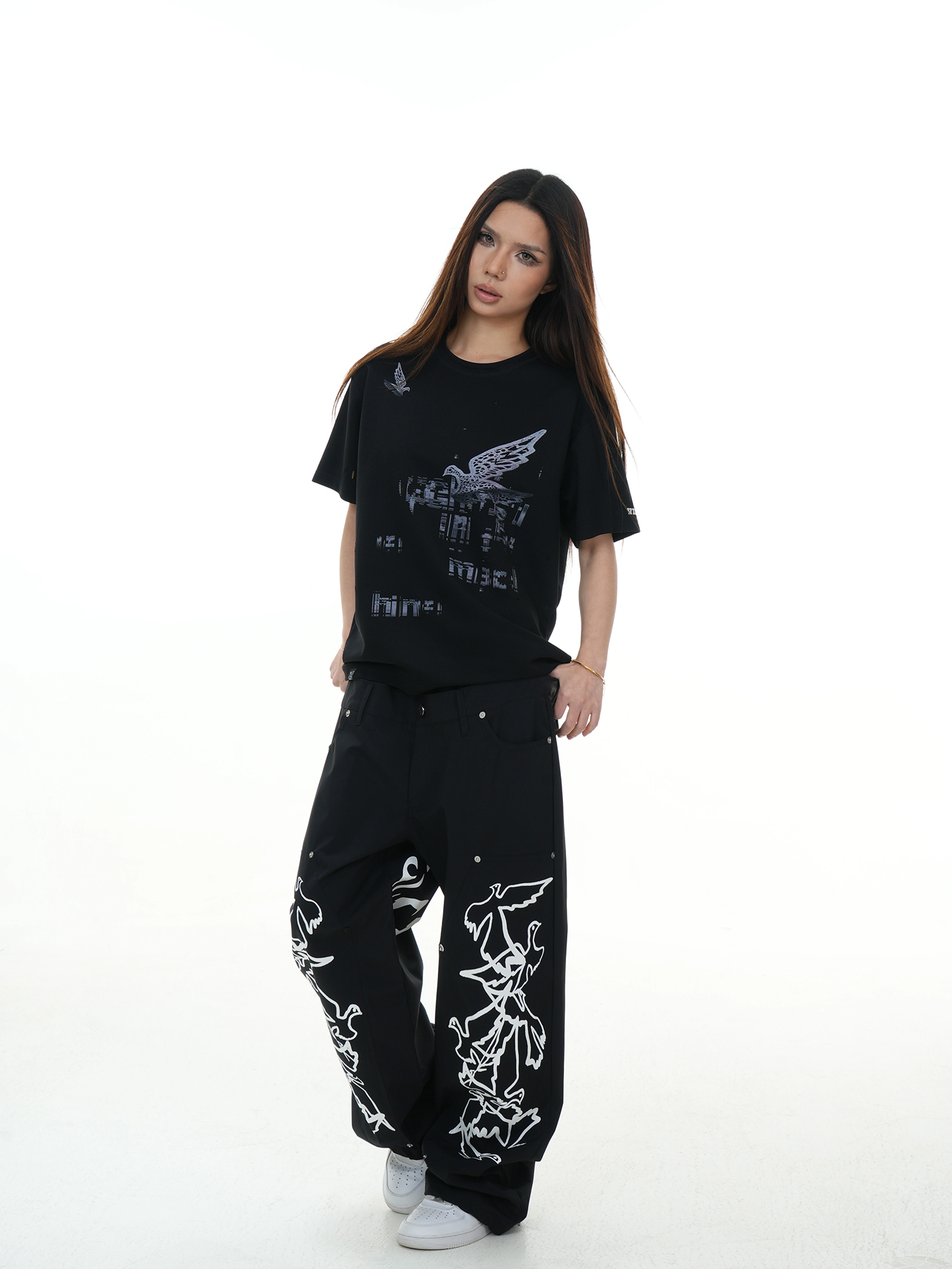 VINKID Peace Dove Graphic Double-Waist Pants-Pants-S / 27-42"-Free Shipping Leatheretro