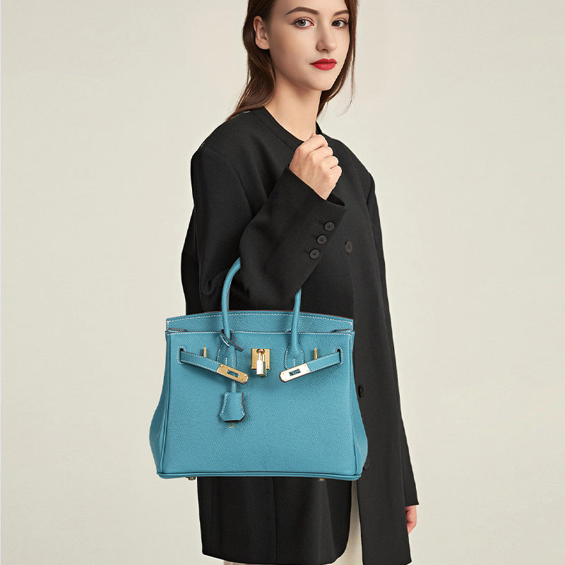 Luxury Genuine Top Grain Pebbled Leather Women's Handbag with Lock Closure-Handbags-elephant gray-35CM-Free Shipping Leatheretro