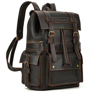 Retro Crazy Horse Leather Backpack – Large Capacity 16-Inch Cowhide Laptop & Travel Bag with Multi-Flap Pockets-Backpacks-Dark Brown-Free Shipping Leatheretro