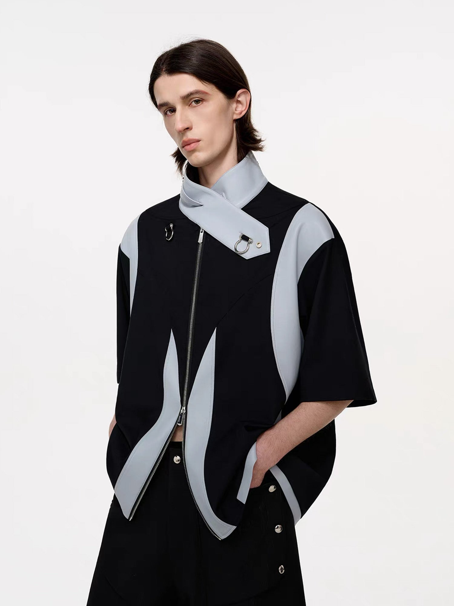 TIWILLTANG Layered-Collar Contrast-Panel Zip-Up Half Shirt-Shorts-S-Free Shipping Leatheretro