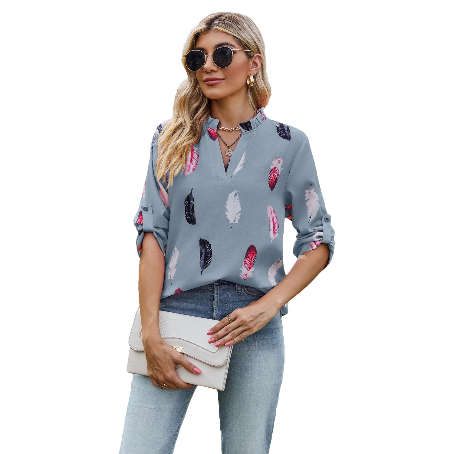 Casual Summer Feather Print 3/4 Sleeves Shirts-Shirts & Tops-Blue Gray-S-Free Shipping Leatheretro