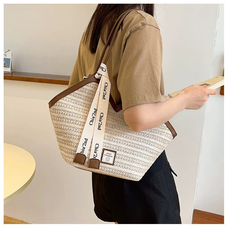 Large Capacity Tote Bag – Vintage Straw Woven Handbag-White with brown.-Free Shipping Leatheretro