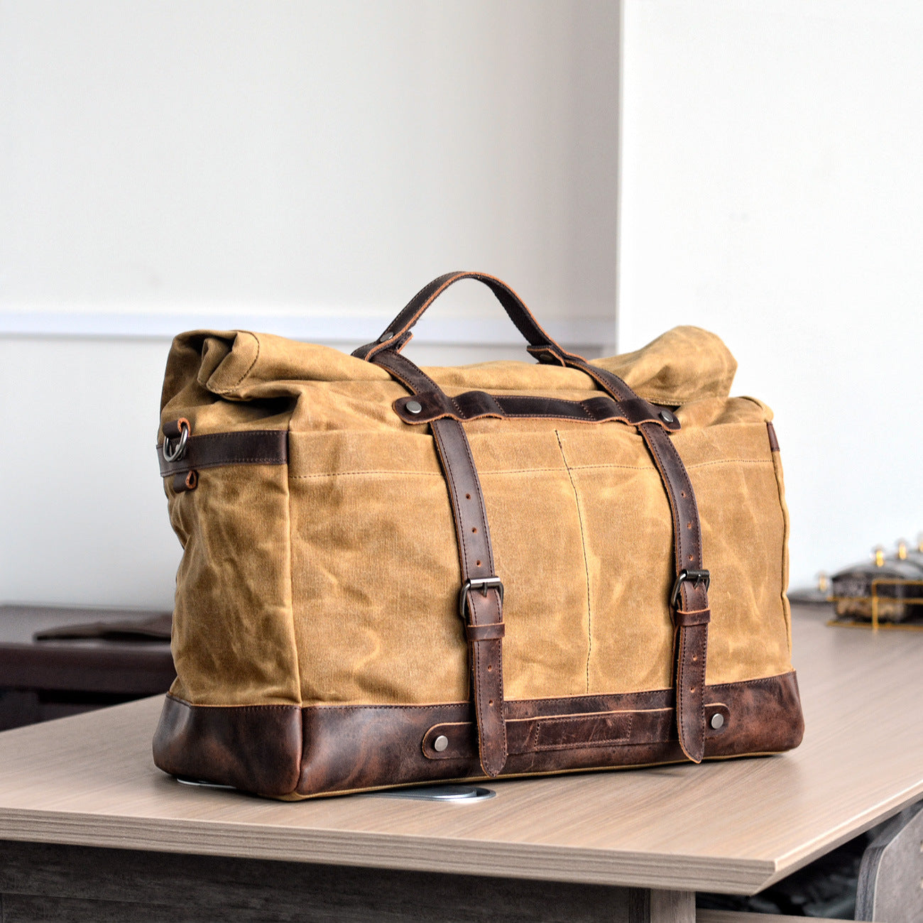 Large Capacity Vintage Waxed Canvas Travel Tote Bag-khaki-Free Shipping Leatheretro