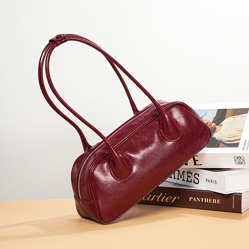 Luxury Genuine Leather Bowling Bag – Spacious Crossbody Tote & Shoulder Bag-Shoulder-Burgundy-Free Shipping Leatheretro