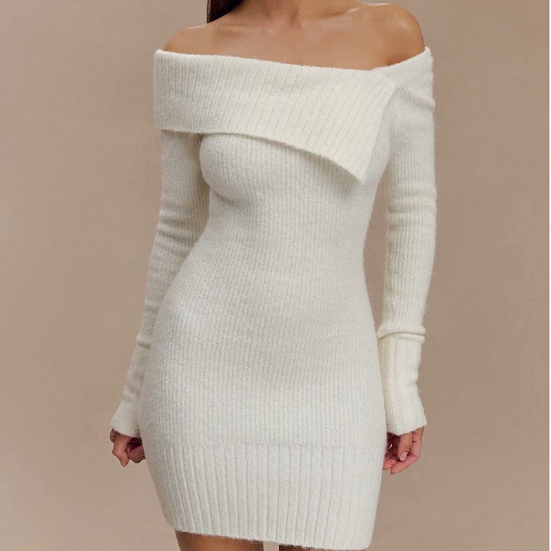 Sexy Off The Shoulder Long Sleeves Knitted Sweaters-Dresses-White-S-Free Shipping Leatheretro