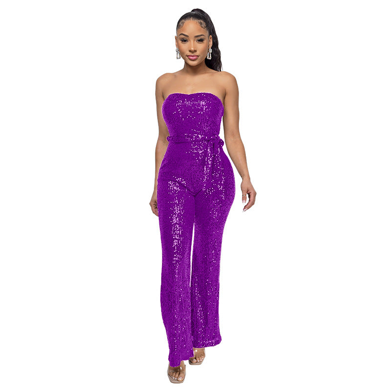 Sexy Strapless Sequined Sleeveless Jumpsuits-Suits-Purple-S-Free Shipping Leatheretro