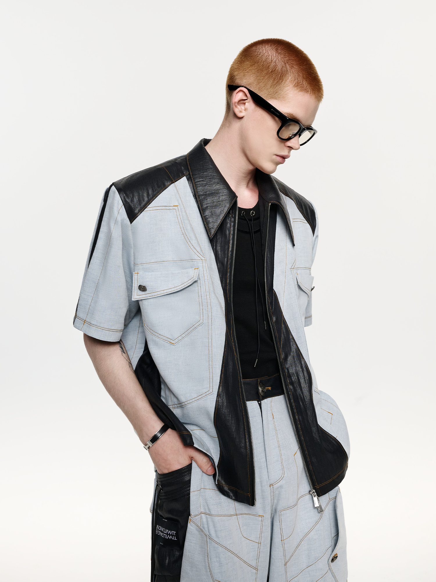 TIWILLTANG Contrast Stitch Paneled Zip-Up Half Shirt-Half shirt-S-Blue-Free Shipping Leatheretro