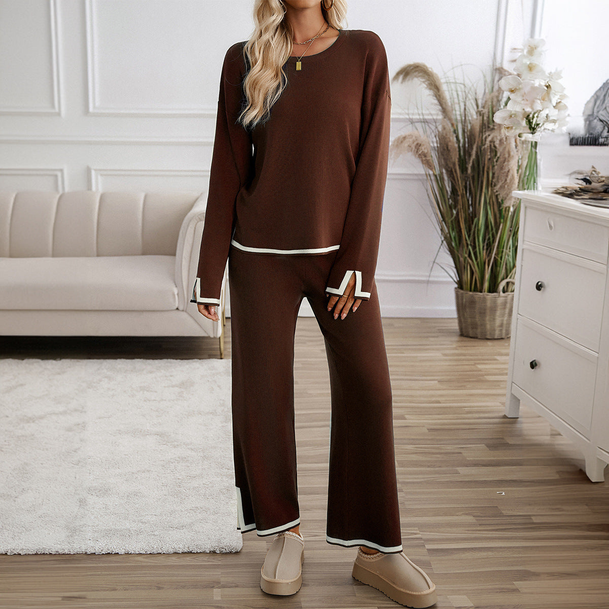 Leisure Solid Two Pieces Women Knitted Sets Tops and Pants-Suits-Brown-S-Free Shipping Leatheretro