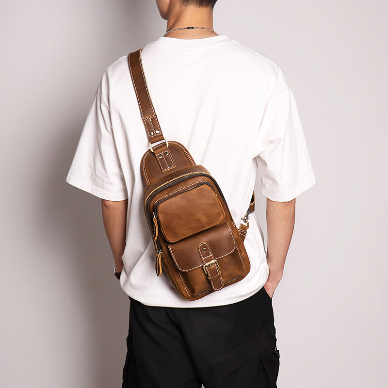 European and American Men's Crazy Horse Leather Crossbody Chest Bag-Chest Bags-Black-Free Shipping Leatheretro