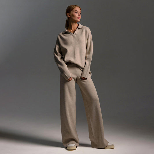 Fashion Winter Polo Neck Knitted Tops & Wide Legs Pants-suits-Ivory-S-Free Shipping Leatheretro