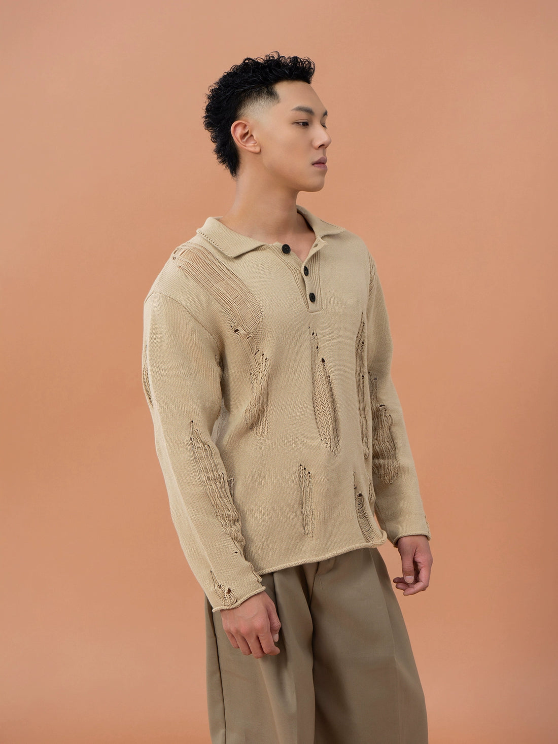 CLP Men's Distressed Knit Polo Shirt-Green-M-Free Shipping Leatheretro