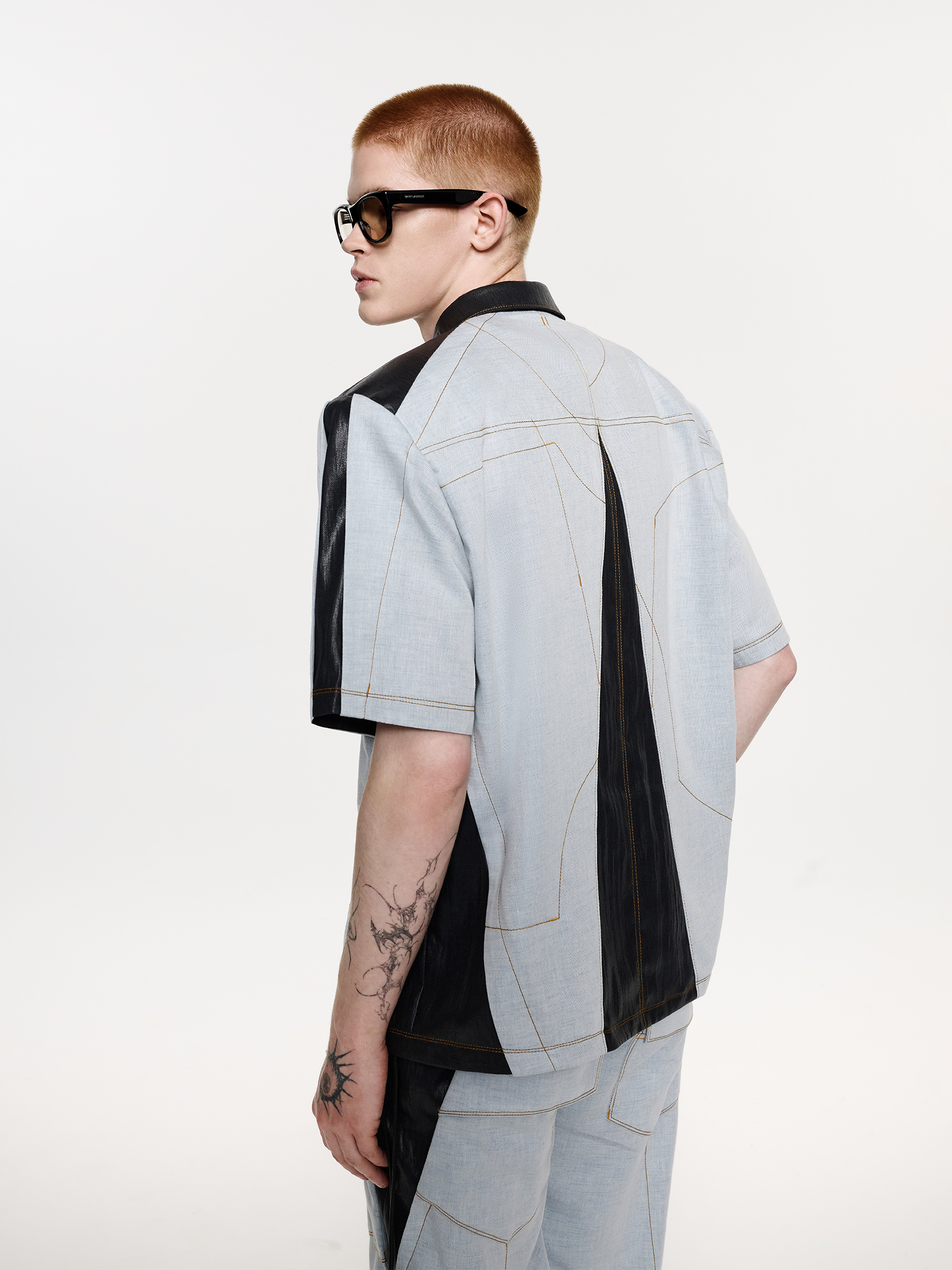 TIWILLTANG Contrast Stitch Paneled Zip-Up Half Shirt-Half shirt-S-Blue-Free Shipping Leatheretro