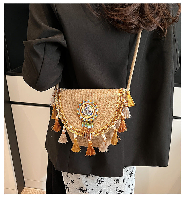 Bohemian Straw Woven Handbag-khaki-Free Shipping Leatheretro