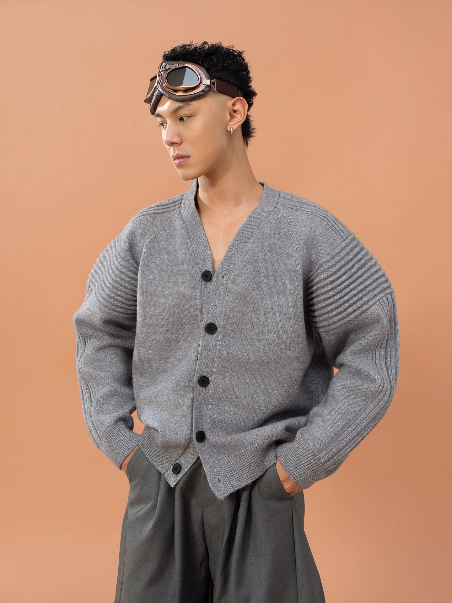 CLP Men's Oversized Drop Shoulder Cardigan Sweater-Gray-M-Free Shipping Leatheretro