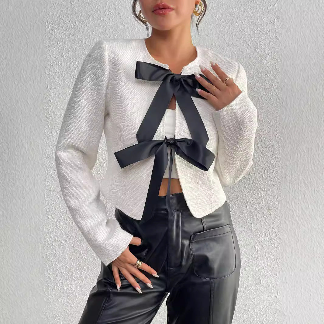 Fashion Irregular Bow Long Sleeves Blazers-Outerwear-White-S-Free Shipping Leatheretro