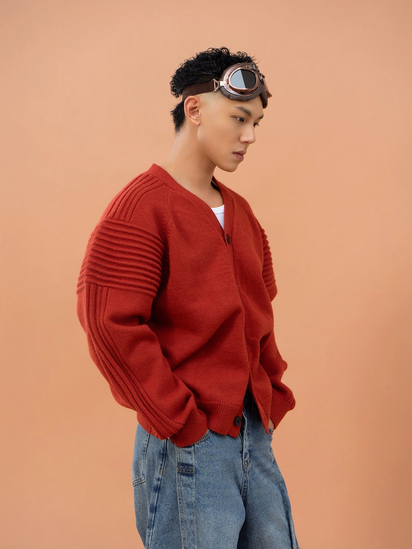CLP Men's Oversized Drop Shoulder Cardigan Sweater-Red-M-Free Shipping Leatheretro