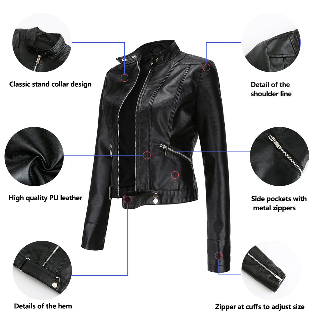 Women's Stand Collar Short Faux Leather Jacket-black-EU(XS)-Free Shipping Leatheretro