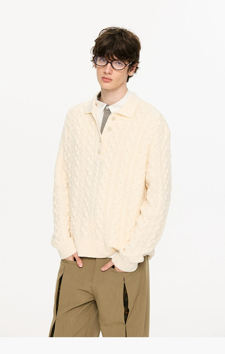 KREATE Textured Cable-Knit Polo Sweater-Ivory-S-Free Shipping Leatheretro