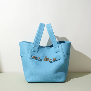Top-Grain Leather Handbag – Stylish Basket Shoulder Bag with Lock Closure-Milkshake powder-Free Shipping Leatheretro
