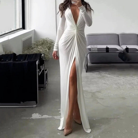Sexy V Neck Long Sleeves Sheath Dresses-Dresses-White-S-Free Shipping Leatheretro