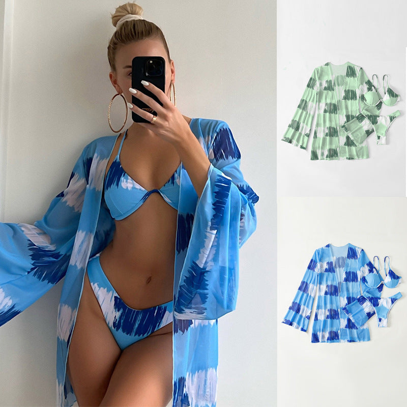 Sexy Floral Print Summer 3pcs Bikini Swimsuits for Women-Swimwear-Blue-4-Free Shipping Leatheretro