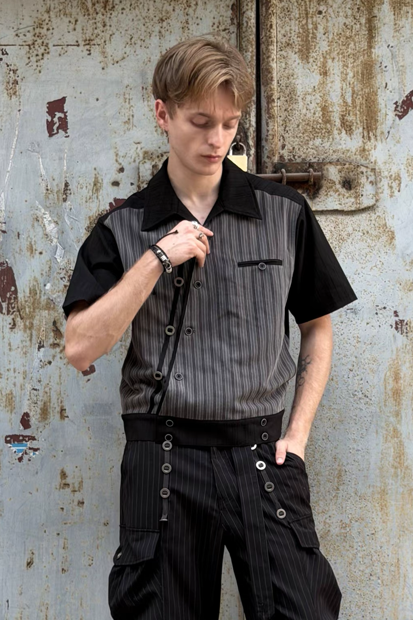 ESAIAS Jacquard Pinstripe Asymmetrical Paneled Half Shirt-Half shirt-S-Free Shipping Leatheretro