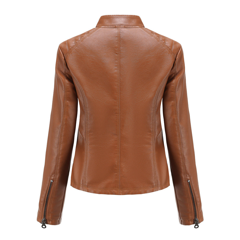 Women Casual Faux Leather Stand Collar Jacket-black-EU(XS)-Free Shipping Leatheretro