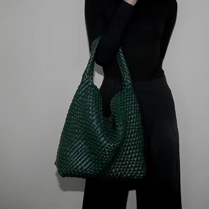 Handwoven Faux Leather Shoulder Tote Bag for Women-Black-Free Shipping Leatheretro