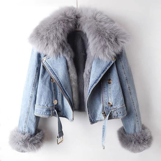 Winter Detachable Fox Fur Denim Jacket Coats for Women-Coats & Jackets-Blue-S-Free Shipping Leatheretro