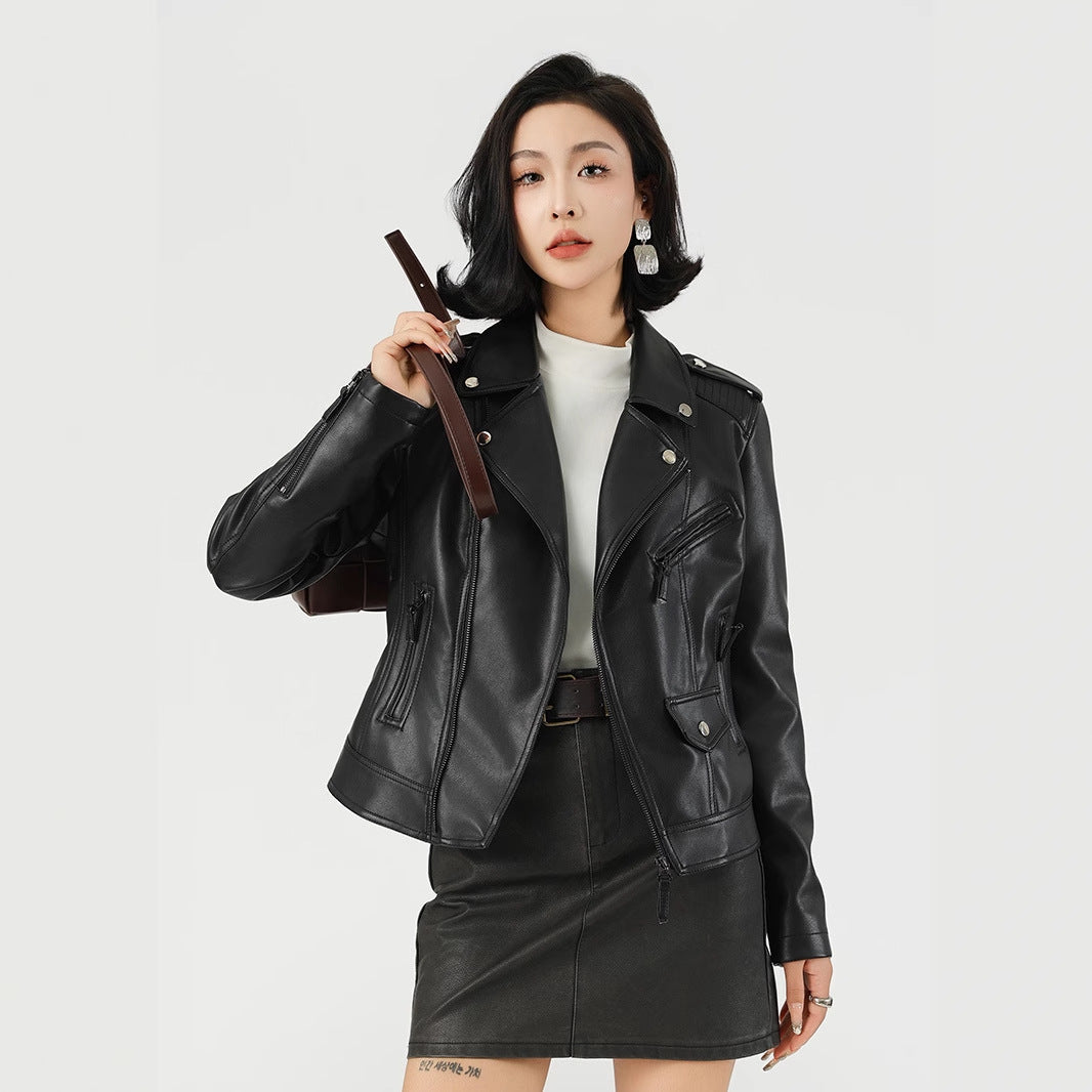 Women's Waist-Cinching Biker Faux Leather Jacket-Black-XS-Free Shipping Leatheretro