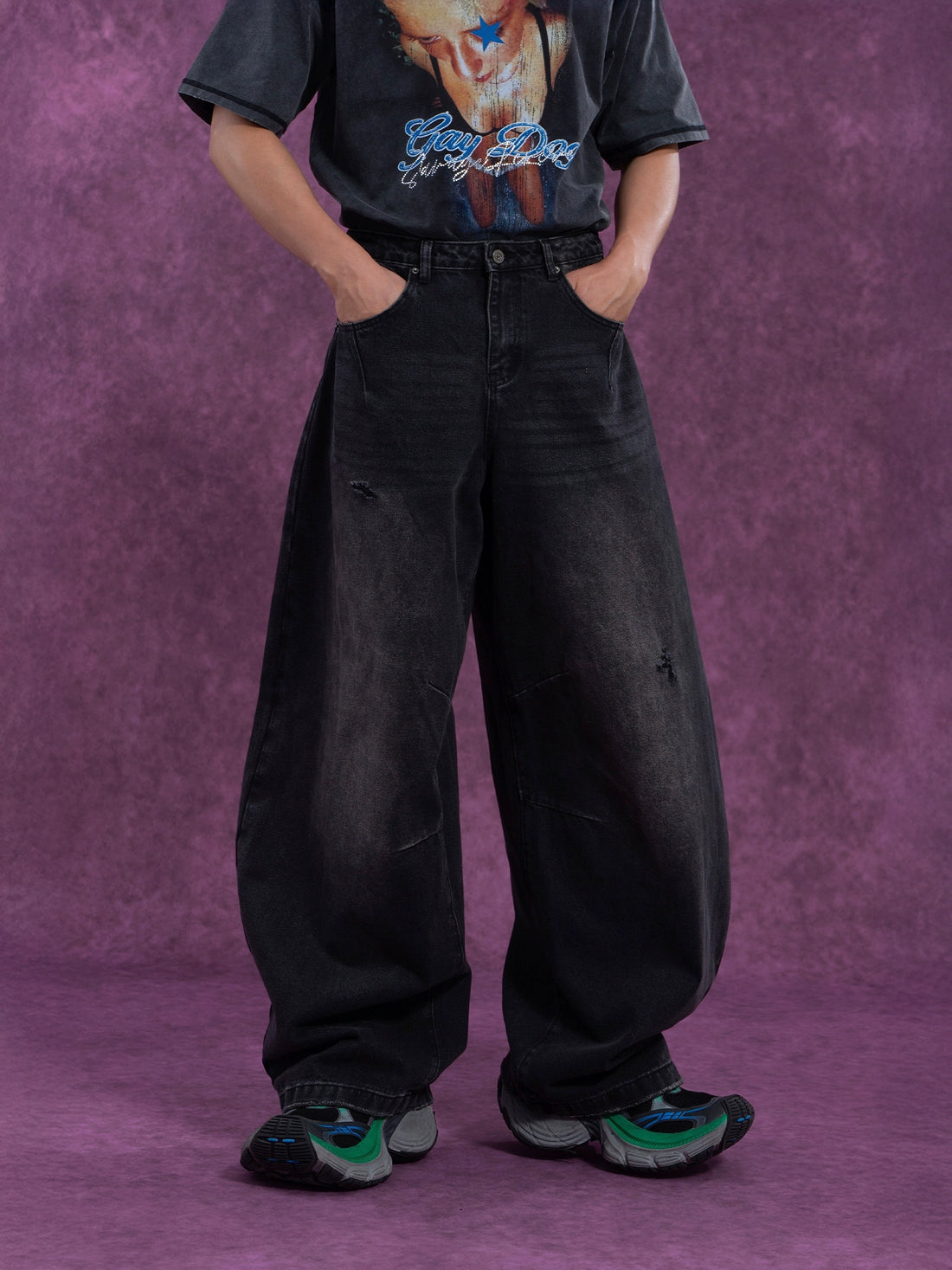 CLP Men's Black Wide-Leg Kukri Streetwear Jeans-Black-M-Free Shipping Leatheretro