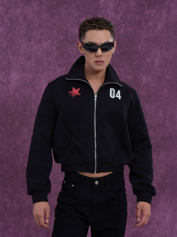 CLP Unisex Cropped Zip-Up Jacket with Print-Black-S-Free Shipping Leatheretro