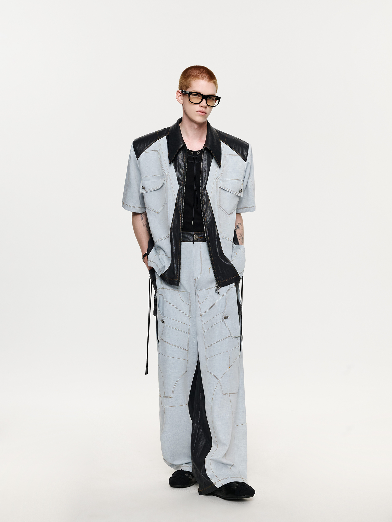 TIWILLTANG Contrast Stitch Paneled Zip-Up Half Shirt-Half shirt-S-Blue-Free Shipping Leatheretro