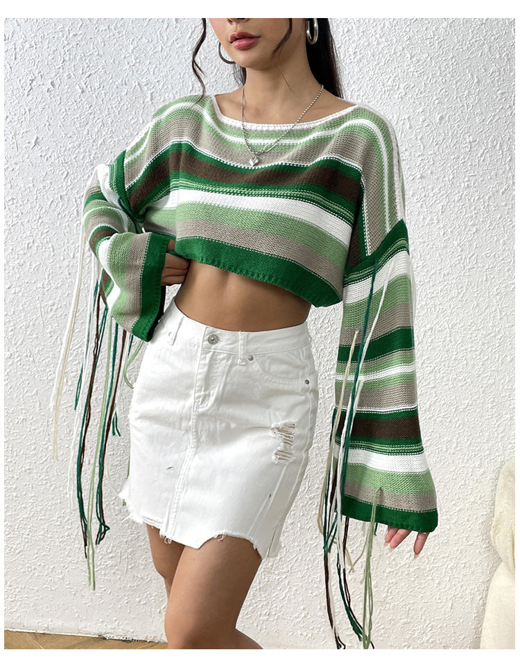 Sexy Rainbow Striped Tassels Short Knitted Blouses-Shirts & Tops-A-S-Free Shipping Leatheretro