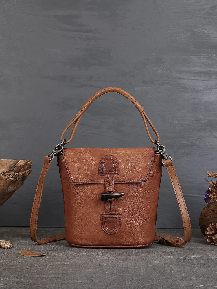 Vintage Bucket Bag – Full-Grain Leather Mix-and-Match Crossbody Tote Bags-crossbody bags-Black-Free Shipping Leatheretro