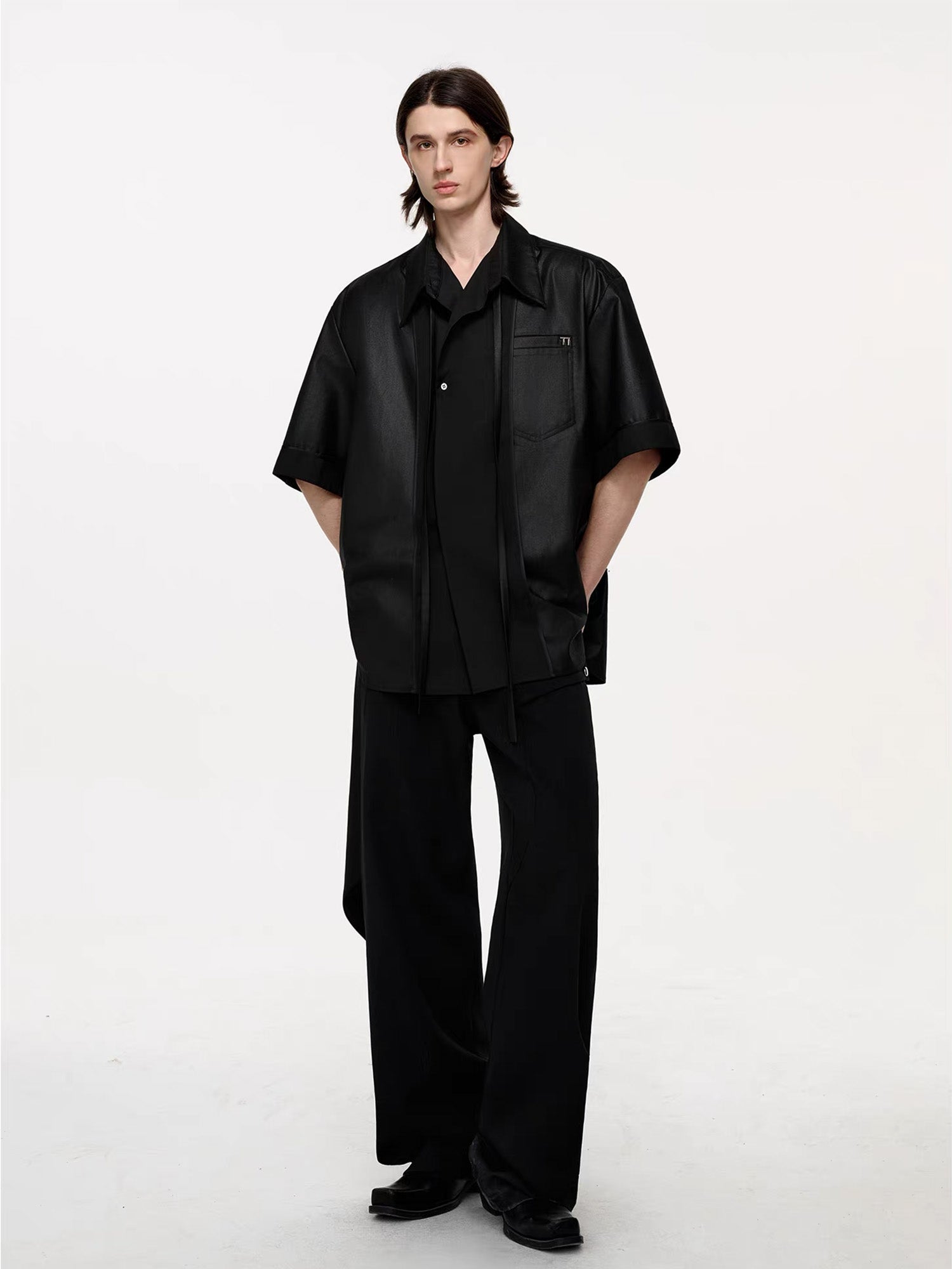 TIWILLTANG Draped Camp-Collar T Shirt-Jacket-S-Black-Free Shipping Leatheretro