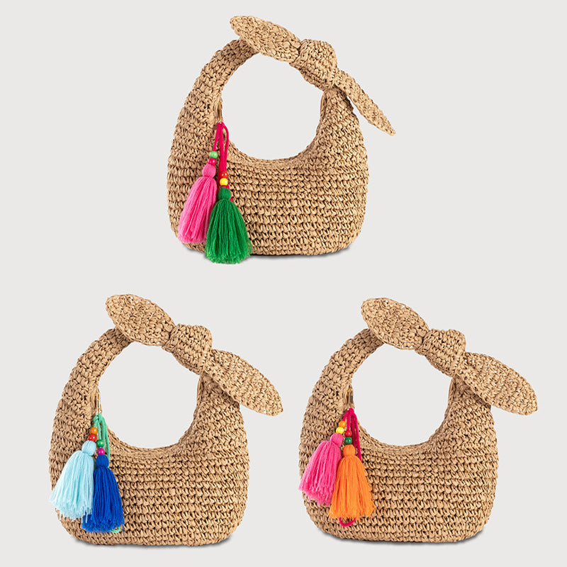 Summer Crescent Moon Handbag – Bow Detail Straw Woven Bag-Apricot - Green Tassel-25x5x15CM-Free Shipping Leatheretro