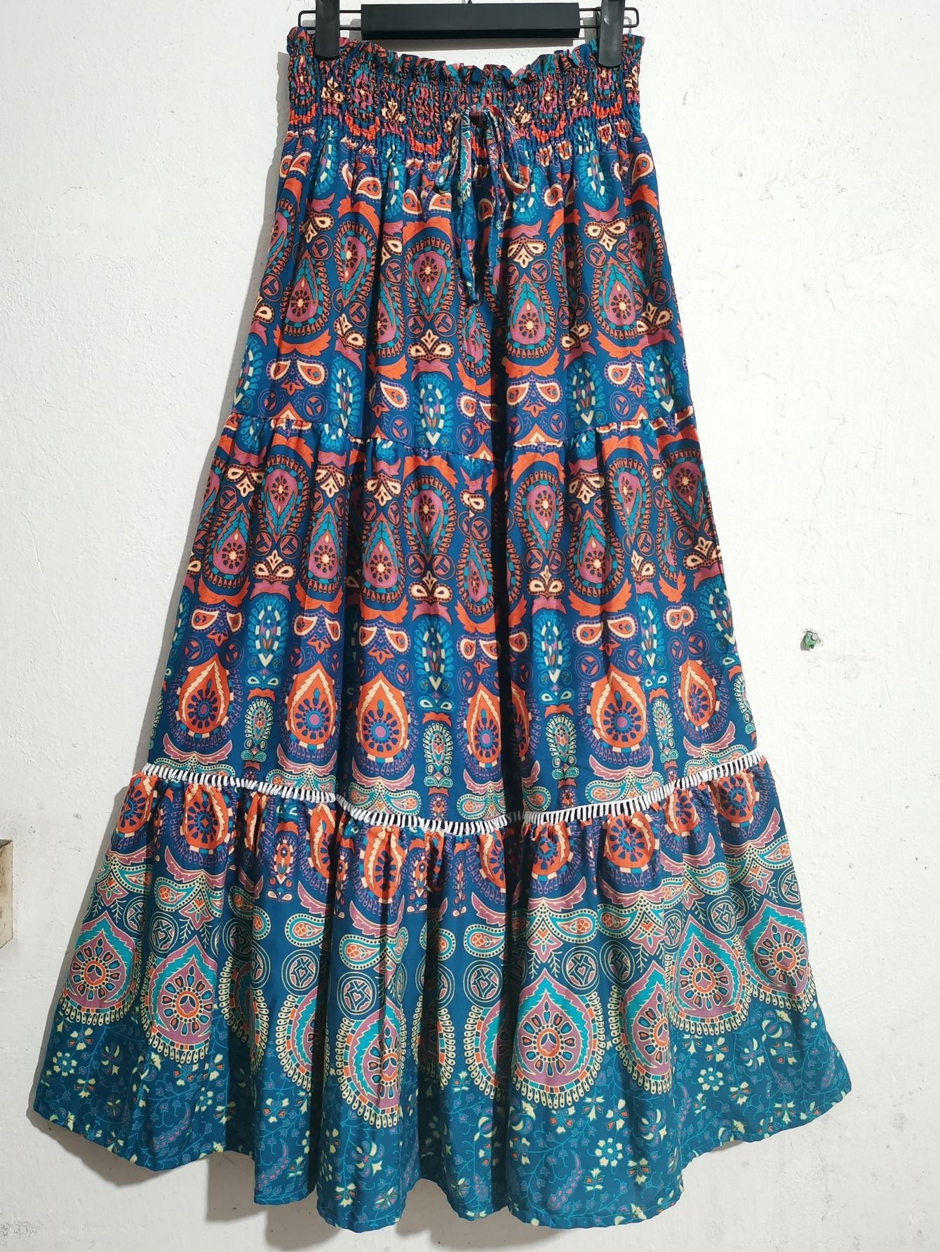 Bohemian Exotic Women Midi Skirts-Skirts-Peacock Blue-S-Free Shipping Leatheretro