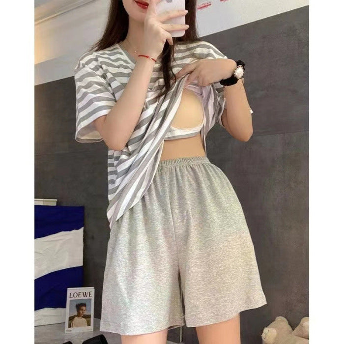 Casual Striped Summer Short Sleeves Shirts & Shorts Homewear-Sleepwear & Loungewear-C-M-L-Free Shipping Leatheretro