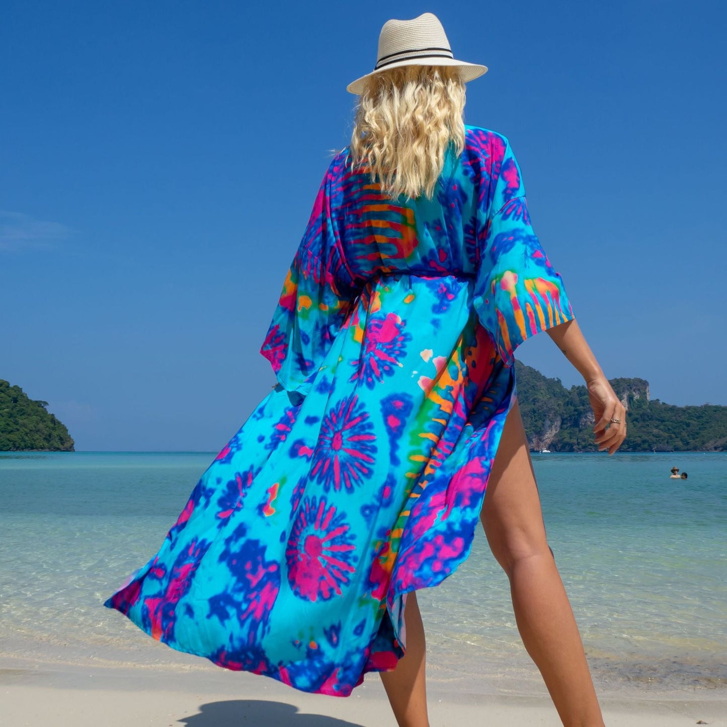 Fashion Floral Print Summer Kimono Beachwear Cover Ups-Blue Water Drop-One Size-Free Shipping Leatheretro