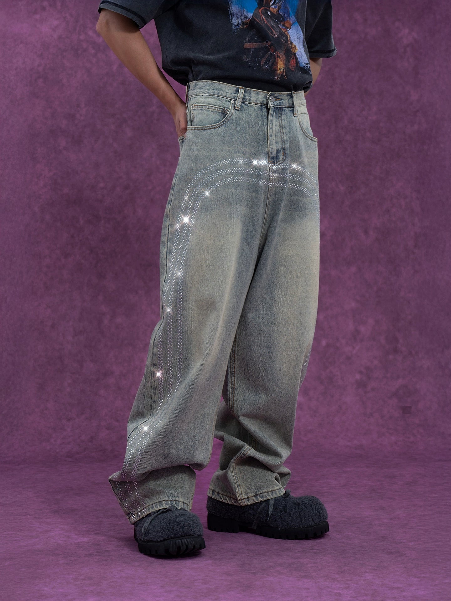 CLP Men's Retro Light Blue Curved Hem Jeans-Light Blue-S-Free Shipping Leatheretro