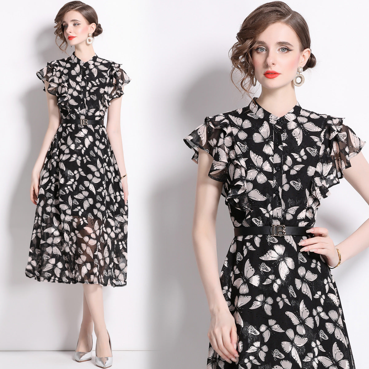 Fashion Luxury Ruffled Summer Midi Dresses-Dresses-Black-S-Free Shipping Leatheretro