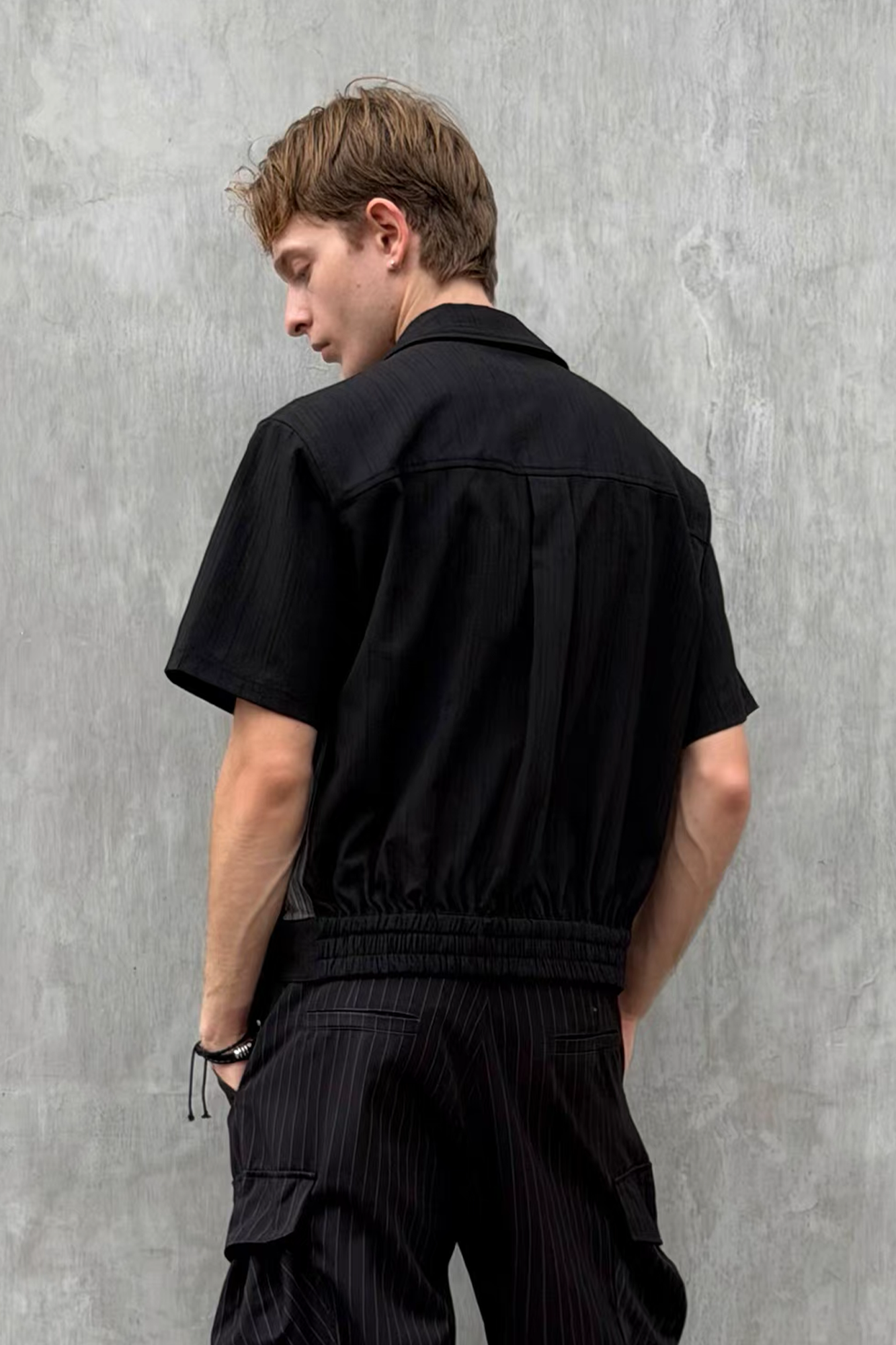 ESAIAS Jacquard Pinstripe Asymmetrical Paneled Half Shirt-Half shirt-S-Free Shipping Leatheretro