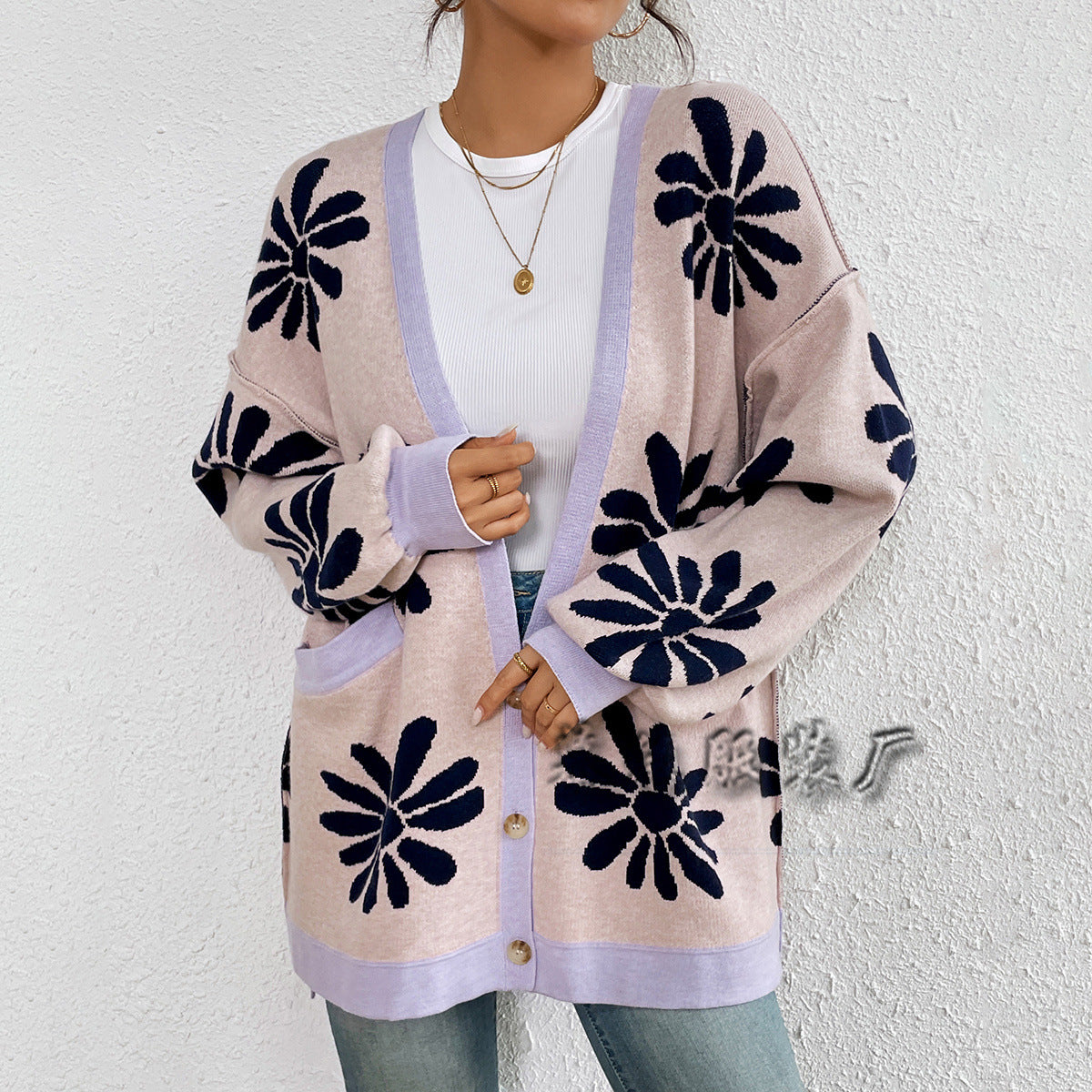 Casual Floral Print Knitted Cardigan Coats-Sweaters-Navy Blue-S-Free Shipping Leatheretro