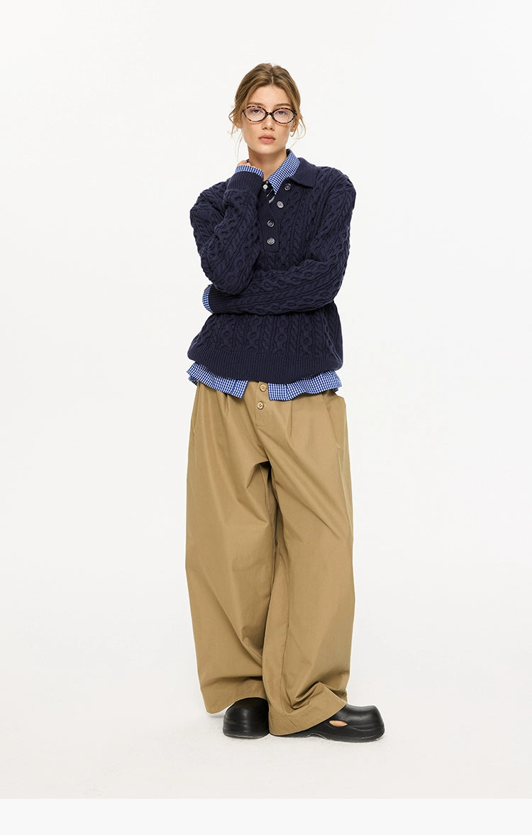 KREATE Textured Cable-Knit Polo Sweater-Ivory-S-Free Shipping Leatheretro