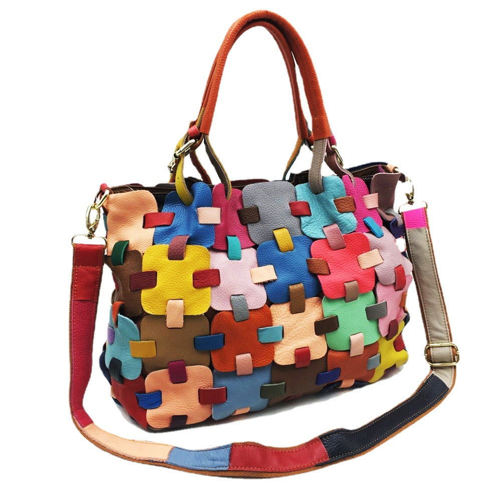 Fashion Women's Handmade Colorful Patchwork Square Handbag-彩色-Free Shipping Leatheretro